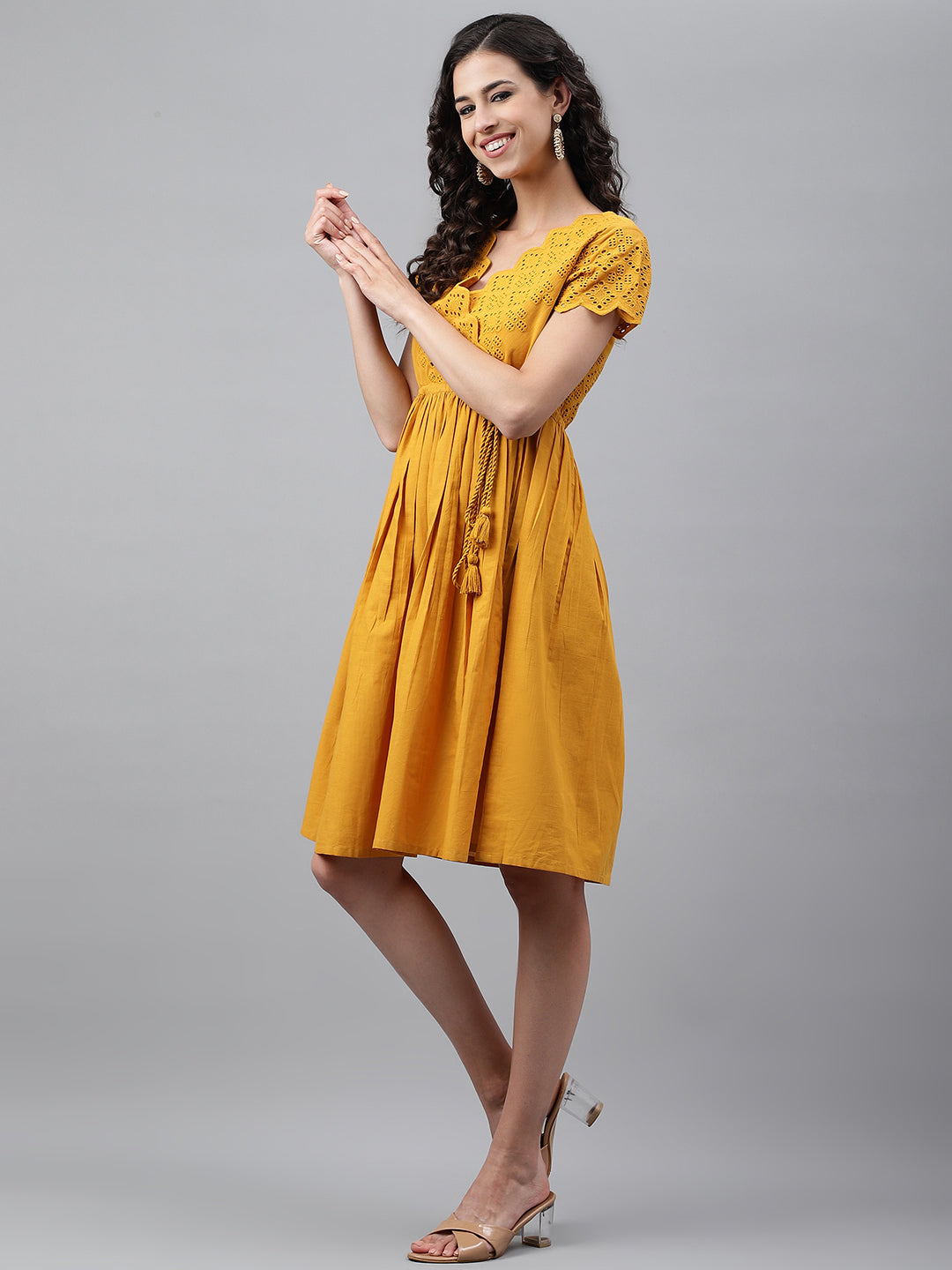 Janasya Women's Yellow Cotton Schiffli Flared Casual Dress - Distacart