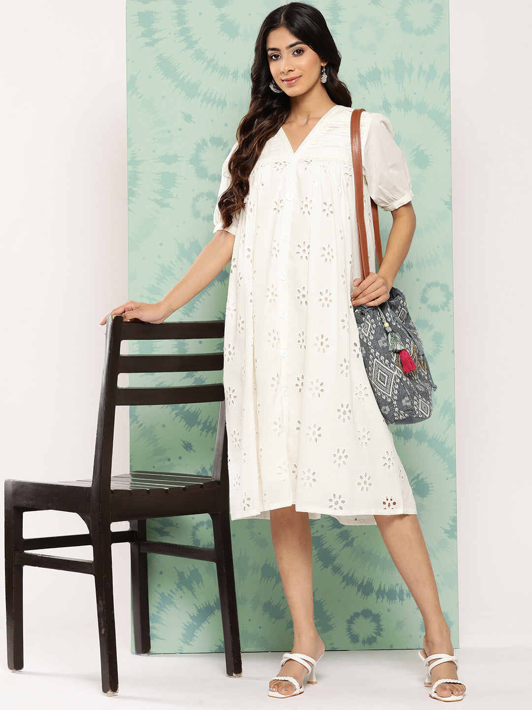 Janasya Women's White Cotton Schiffli Empire Casual Dress - Distacart