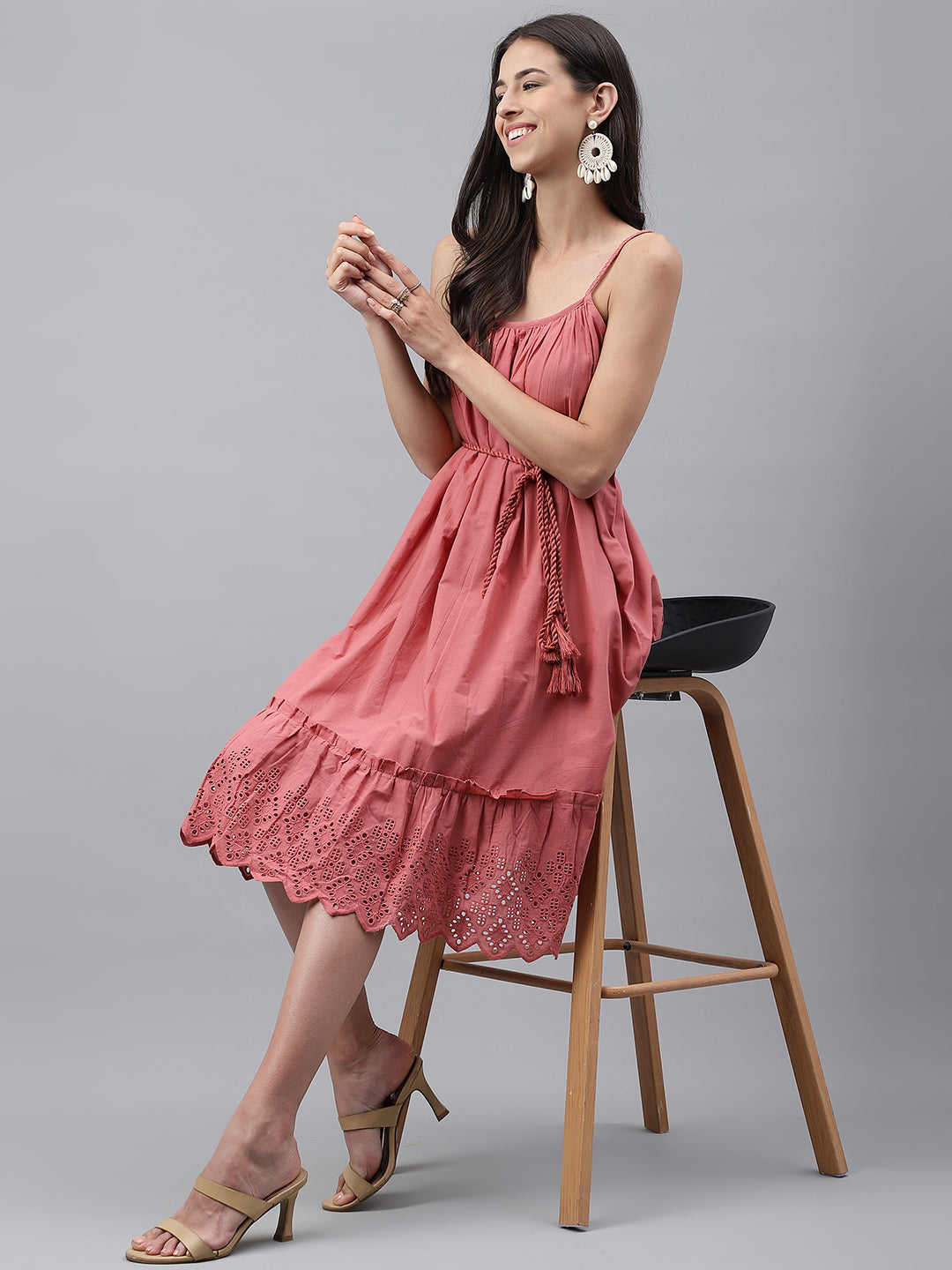 Janasya Women's Pink Cotton Schiffli Flared Western Dress - Distacart