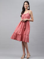 Thumbnail for Janasya Women's Pink Cotton Schiffli Flared Western Dress - Distacart