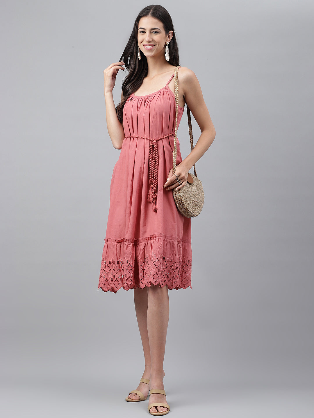 Janasya Women's Pink Cotton Schiffli Flared Western Dress - Distacart