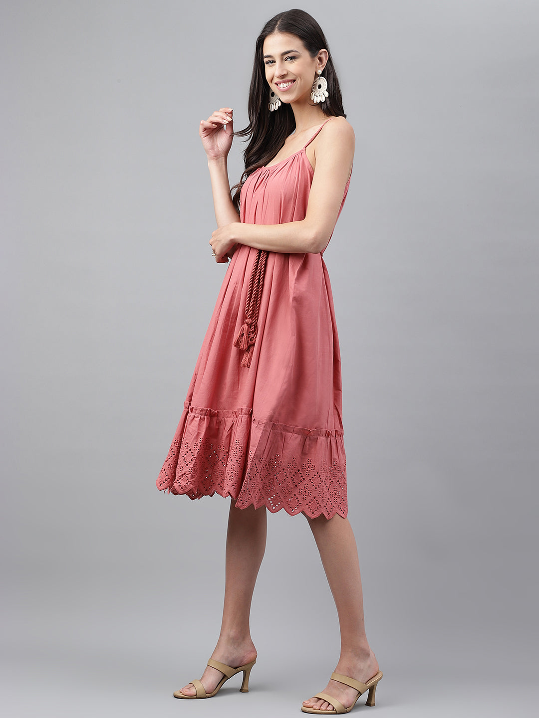 Janasya Women's Pink Cotton Schiffli Flared Western Dress - Distacart