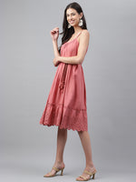 Thumbnail for Janasya Women's Pink Cotton Schiffli Flared Western Dress - Distacart