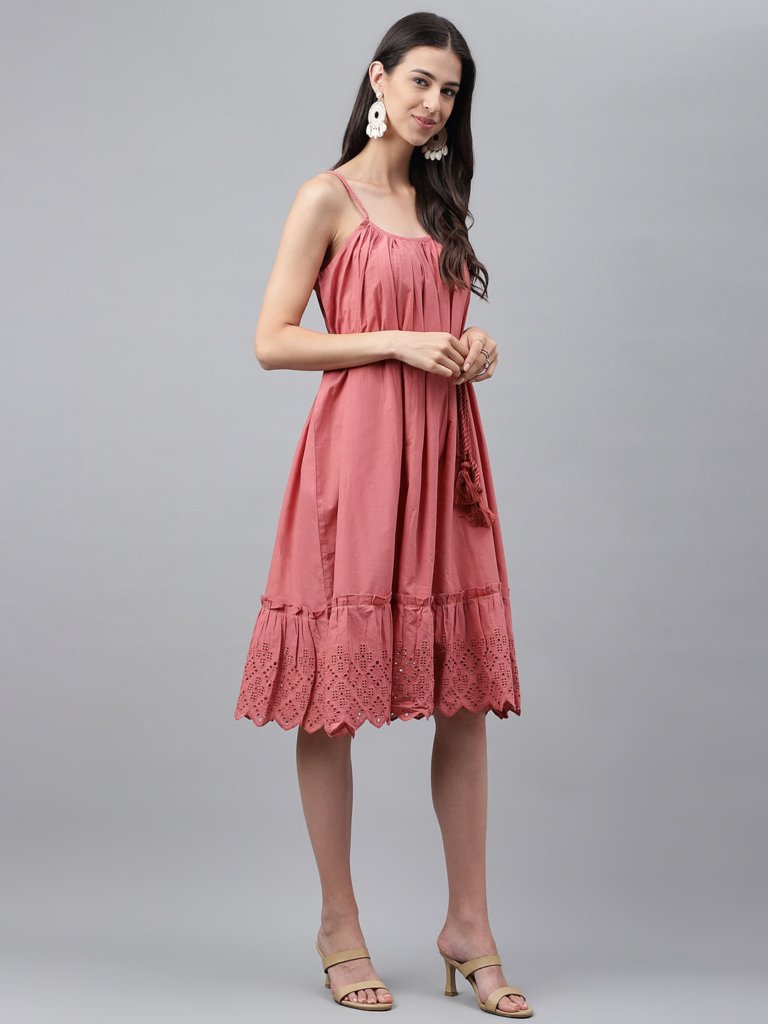 Janasya Women's Pink Cotton Schiffli Flared Western Dress - Distacart
