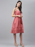 Thumbnail for Janasya Women's Pink Cotton Schiffli Flared Western Dress - Distacart