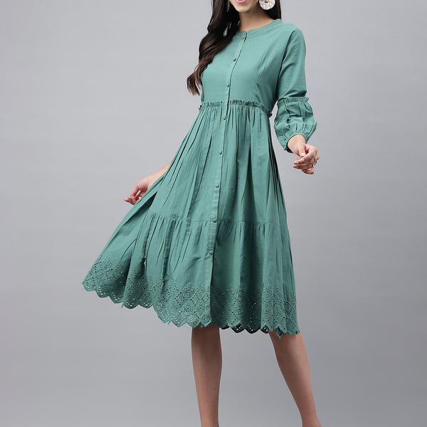 Buy Janasya Women's Green Cotton Schiffli Flared Casual Dress Online At Low  Prices