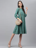 Thumbnail for Janasya Women's Green Cotton Schiffli Flared Casual Dress - Distacart