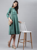 Thumbnail for Janasya Women's Green Cotton Schiffli Flared Casual Dress - Distacart