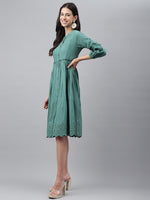 Thumbnail for Janasya Women's Green Cotton Schiffli Flared Casual Dress - Distacart