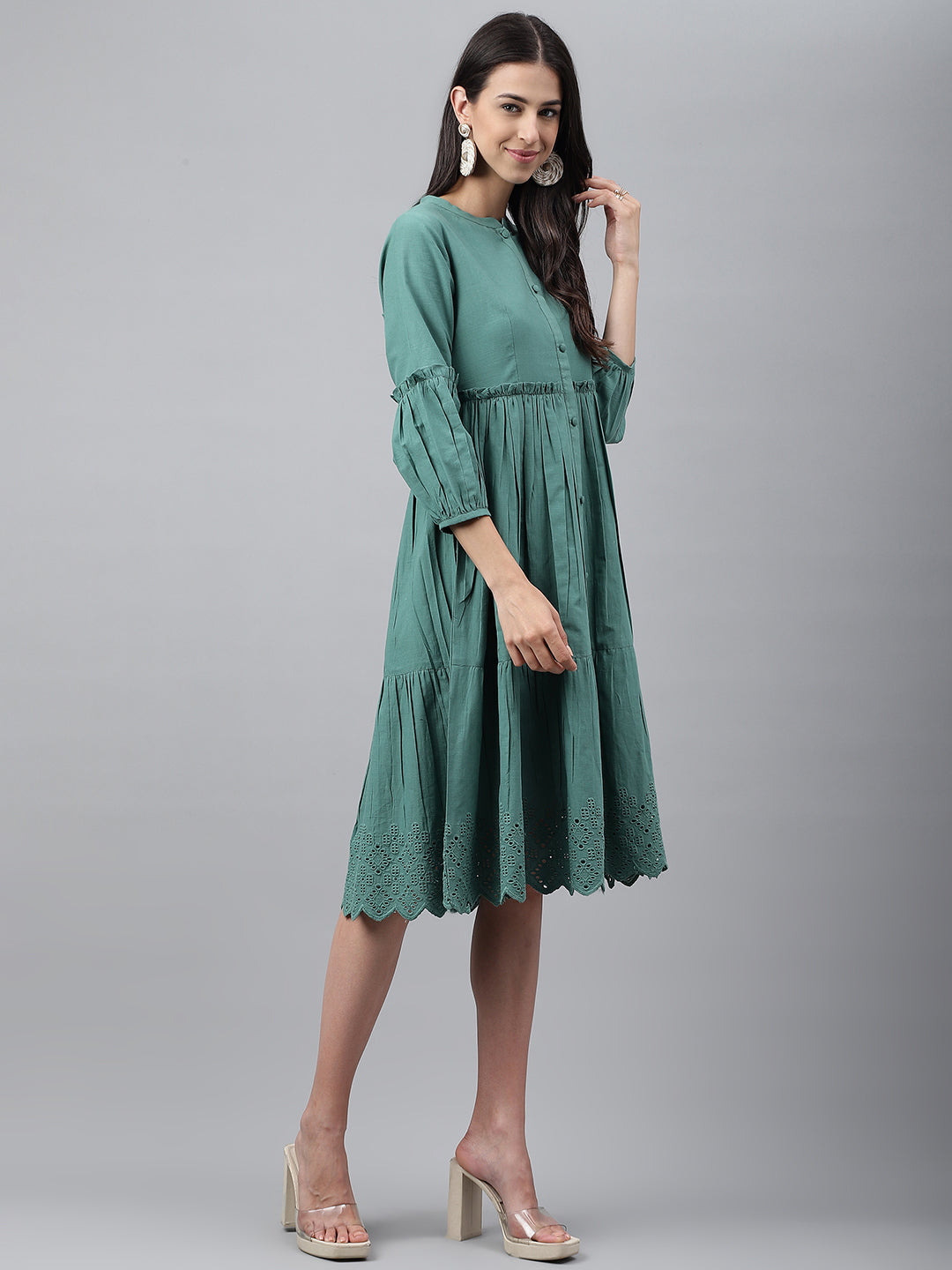 Janasya Women's Green Cotton Schiffli Flared Casual Dress - Distacart