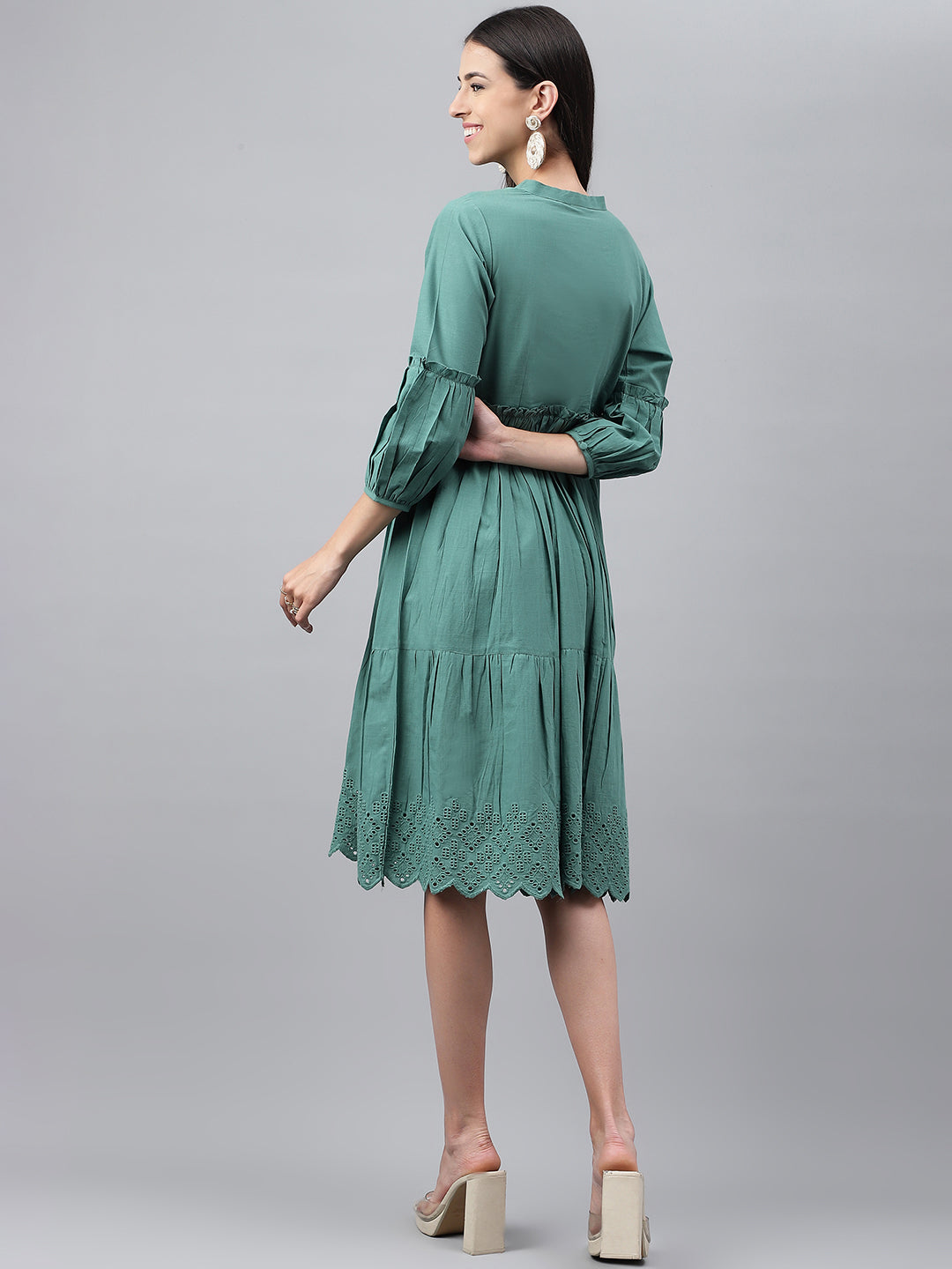 Janasya Women's Green Cotton Schiffli Flared Casual Dress - Distacart
