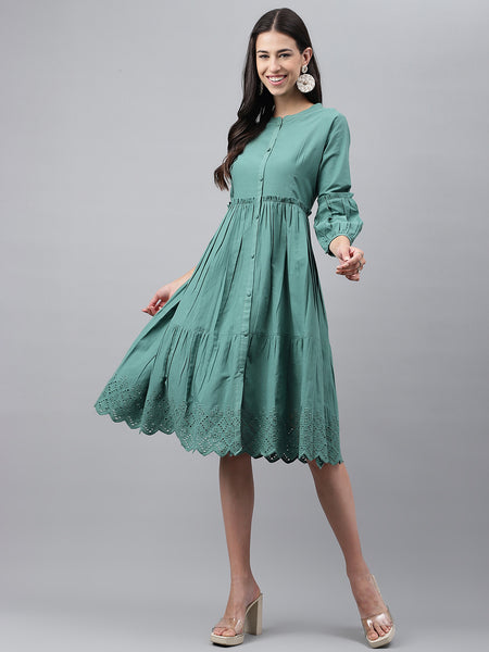 Janasya Women's Green Cotton Schiffli Flared Casual Dress - Distacart