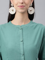Thumbnail for Janasya Women's Green Cotton Schiffli Flared Casual Dress - Distacart