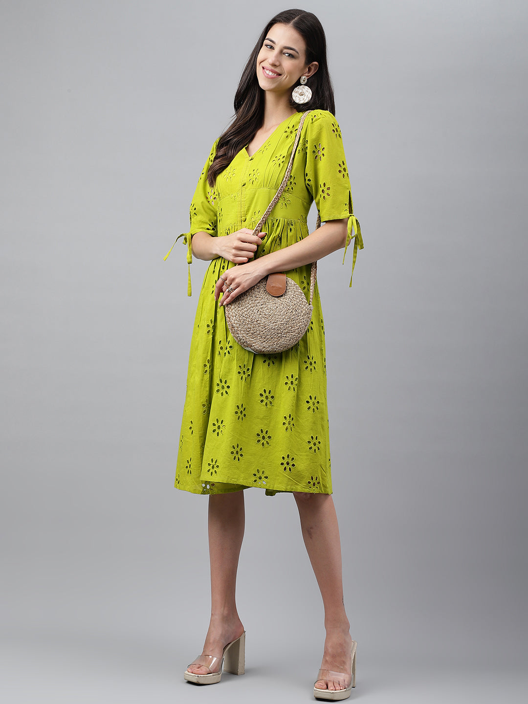 Janasya Women's Lime Green Cotton Schiffli Flared Western Dress - Distacart