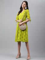 Thumbnail for Janasya Women's Lime Green Cotton Schiffli Flared Western Dress - Distacart