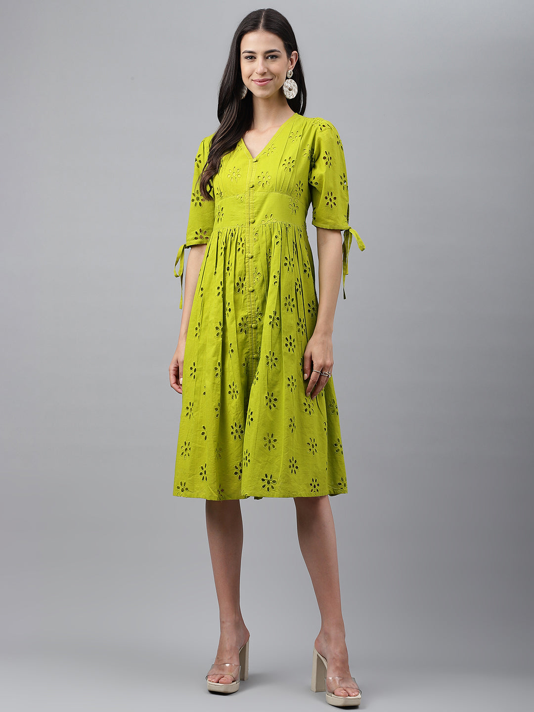 Janasya Women's Lime Green Cotton Schiffli Flared Western Dress - Distacart
