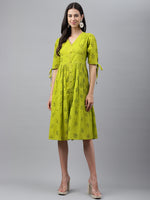 Thumbnail for Janasya Women's Lime Green Cotton Schiffli Flared Western Dress - Distacart