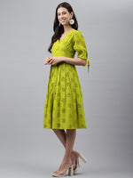 Thumbnail for Janasya Women's Lime Green Cotton Schiffli Flared Western Dress - Distacart