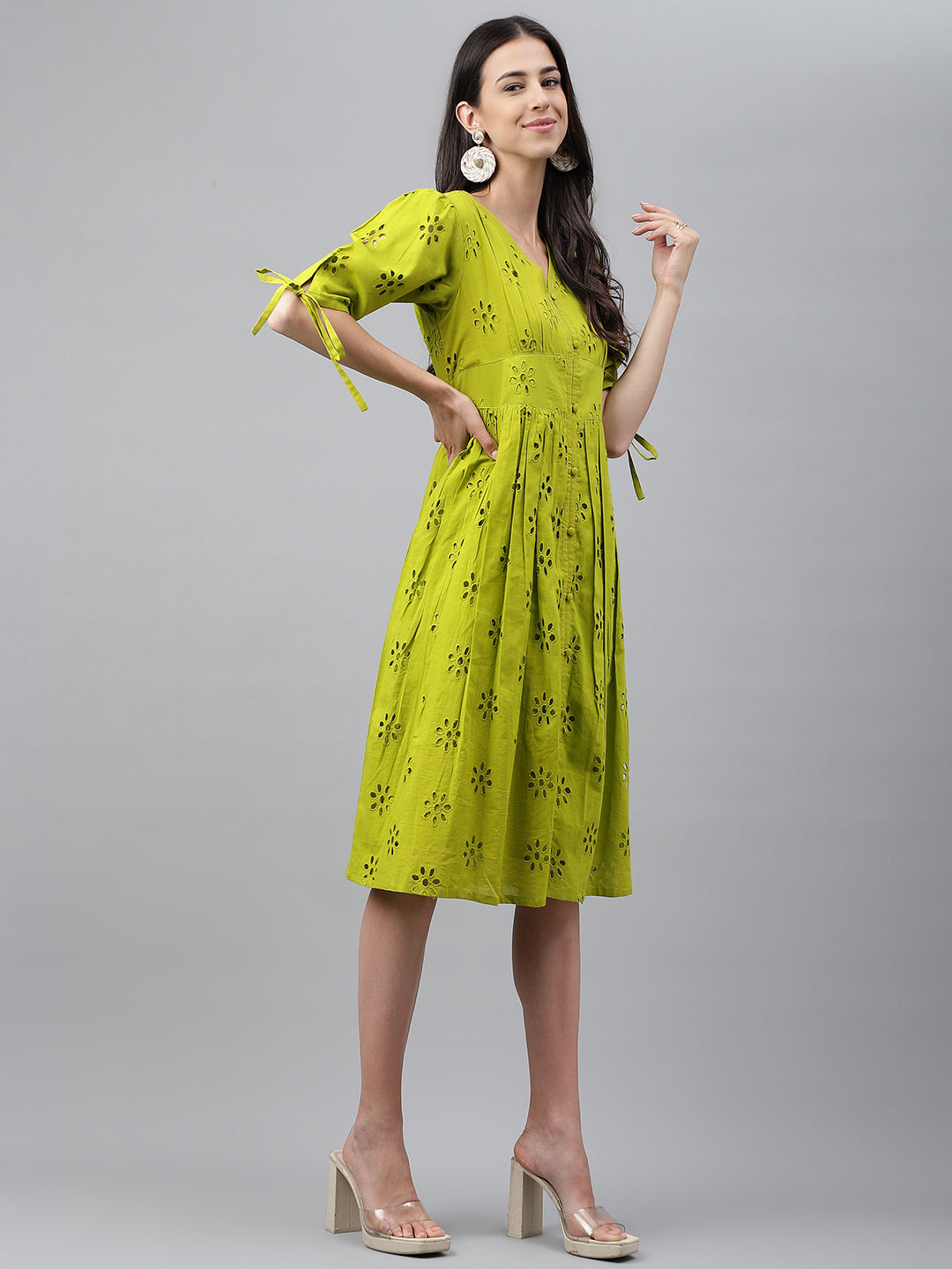Janasya Women's Lime Green Cotton Schiffli Flared Western Dress - Distacart