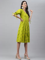 Thumbnail for Janasya Women's Lime Green Cotton Schiffli Flared Western Dress - Distacart