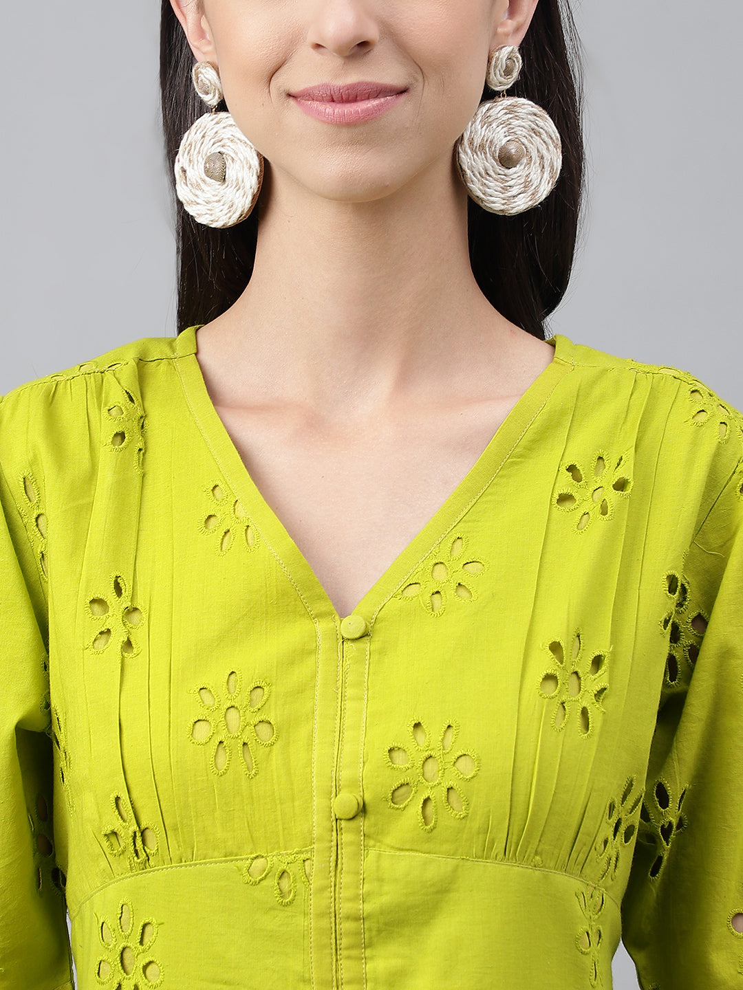 Janasya Women's Lime Green Cotton Schiffli Flared Western Dress - Distacart