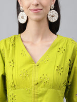 Thumbnail for Janasya Women's Lime Green Cotton Schiffli Flared Western Dress - Distacart