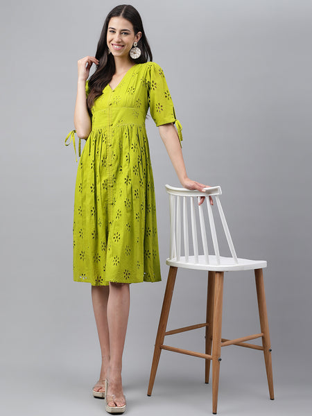 Janasya Women's Lime Green Cotton Schiffli Flared Western Dress - Distacart