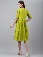 Thumbnail for Janasya Women's Lime Green Cotton Schiffli Flared Western Dress - Distacart