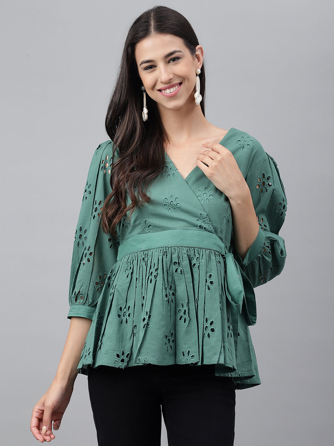 Janasya Women's Green Cotton Schiffli Casual Peplum Top - Distacart