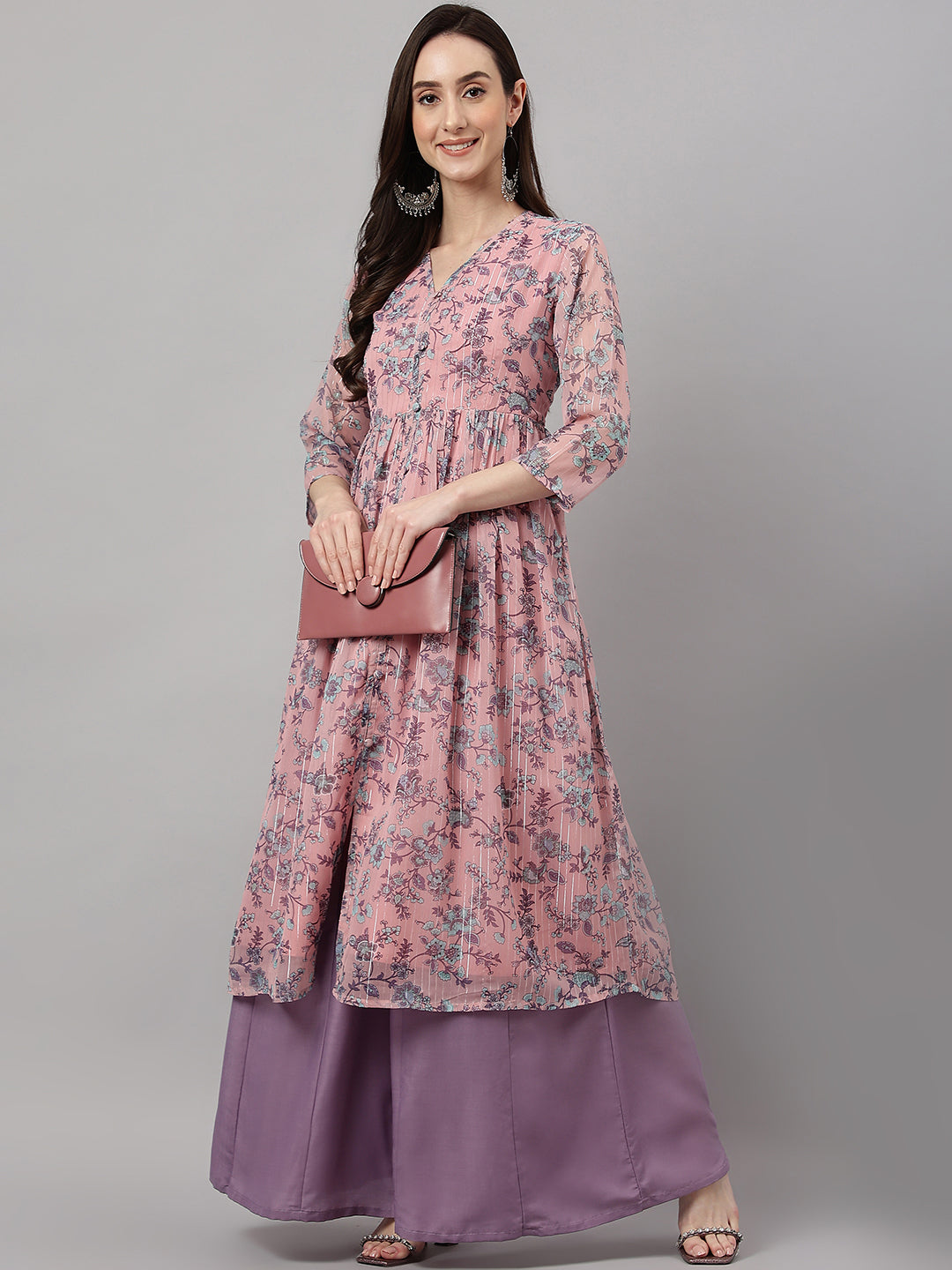 Janasya Women's Pink Chiffon Lurex Floral Printed Casual Flared Kurta - Distacart