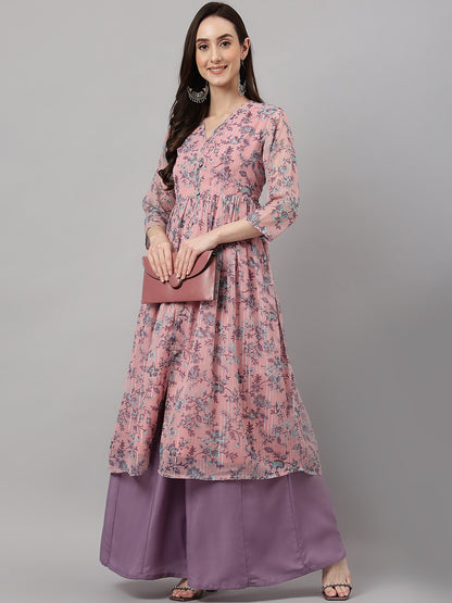 Janasya Women's Pink Chiffon Lurex Floral Printed Casual Flared Kurta - Distacart