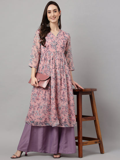 Janasya Women's Pink Chiffon Lurex Floral Printed Casual Flared Kurta - Distacart