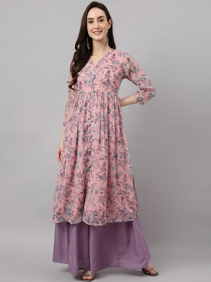 Janasya Women's Pink Chiffon Lurex Floral Printed Casual Flared Kurta - Distacart