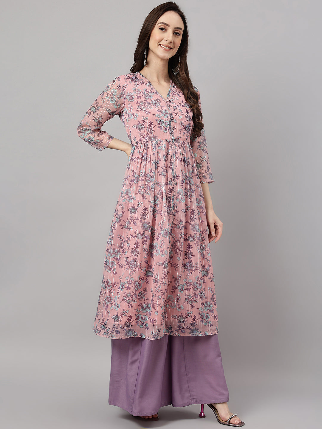 Janasya Women's Pink Chiffon Lurex Floral Printed Casual Flared Kurta - Distacart