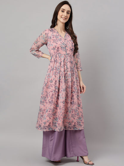 Janasya Women's Pink Chiffon Lurex Floral Printed Casual Flared Kurta - Distacart