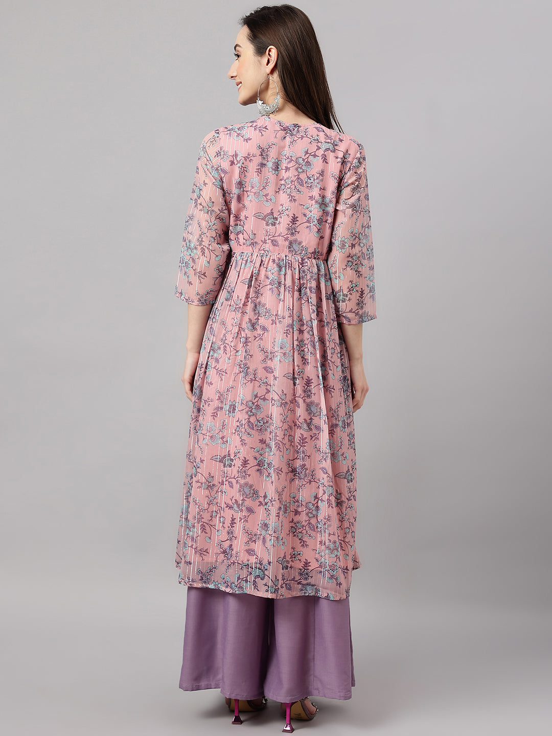 Janasya Women's Pink Chiffon Lurex Floral Printed Casual Flared Kurta - Distacart