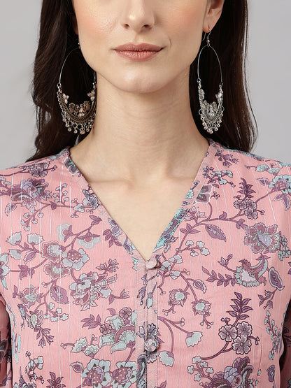 Janasya Women's Pink Chiffon Lurex Floral Printed Casual Flared Kurta - Distacart
