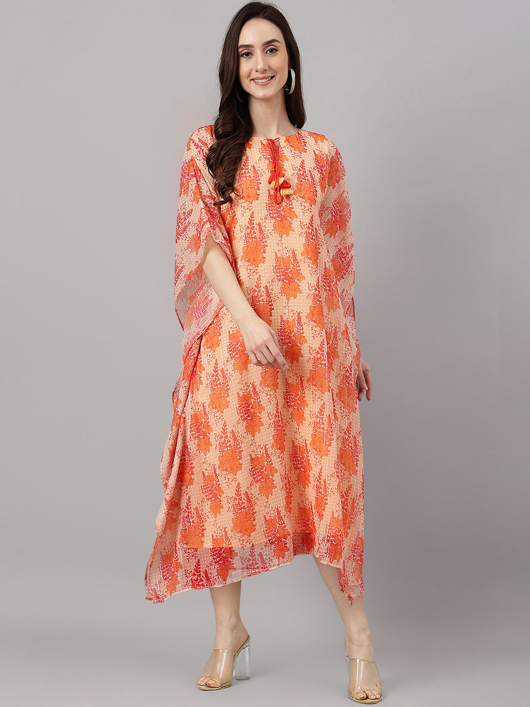 Janasya Women's Orange Chiffon Lurex Floral Printed Casual Kaftan Kurta - Distacart