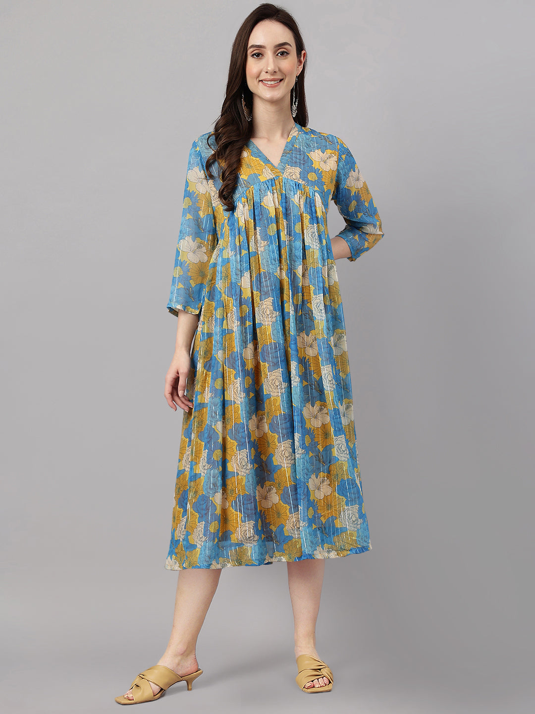 Janasya Women's Yellow Chiffon Lurex Floral Printed Flared Casual Dress - Distacart