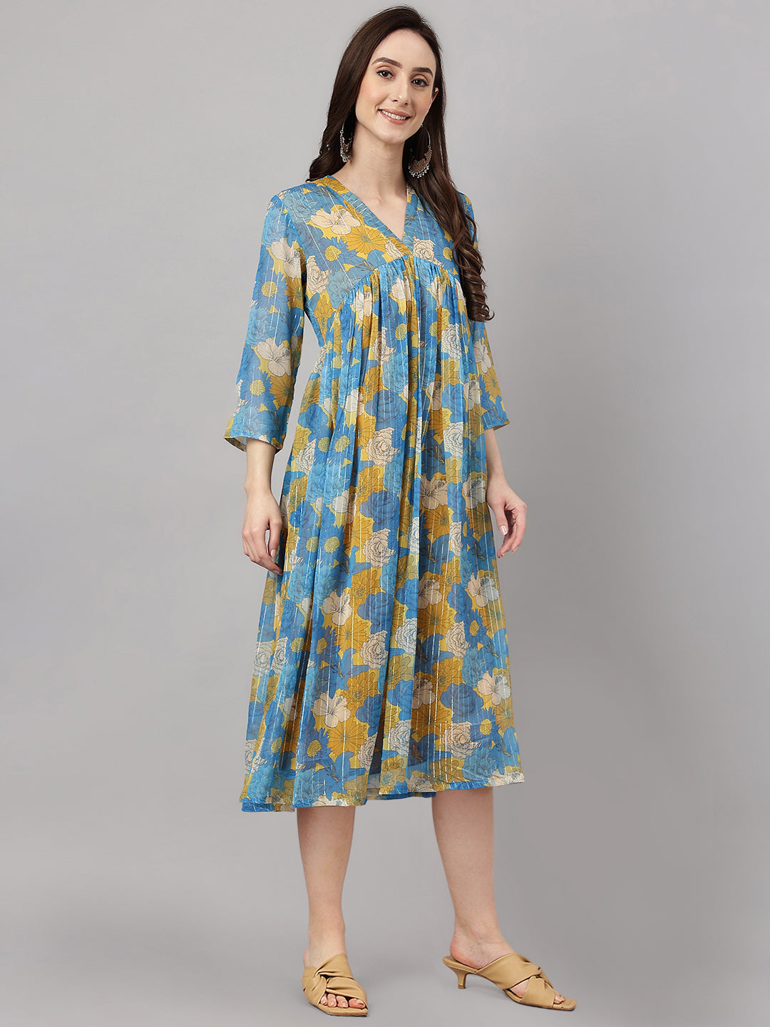 Janasya Women's Yellow Chiffon Lurex Floral Printed Flared Casual Dress - Distacart