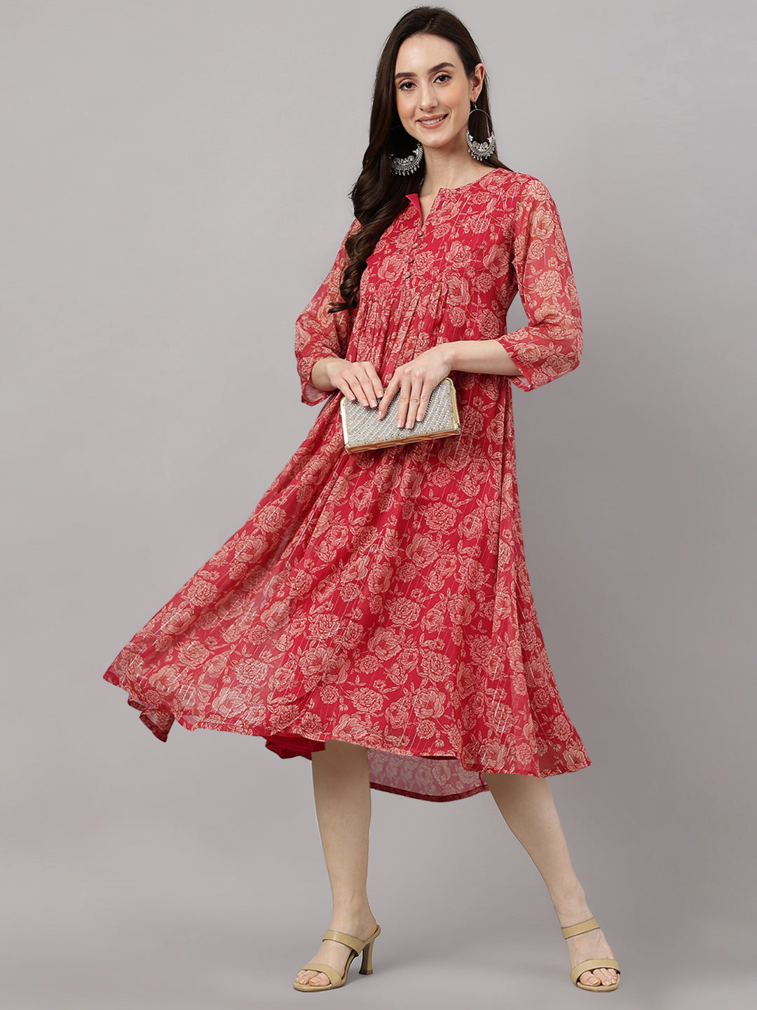 Janasya Women's Dark Pink Chiffon Lurex Floral Printed Flared Casual Dress - Distacart