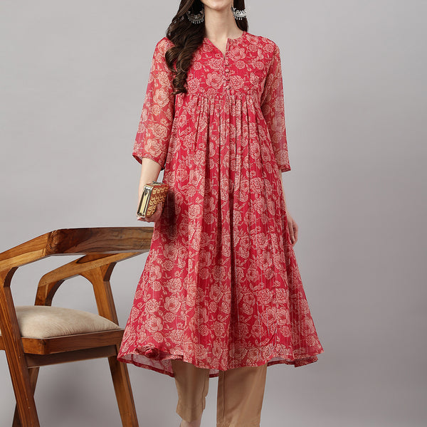 Janasya Women's Dark Pink Chiffon Lurex Floral Printed Casual flared Kurta - Distacart