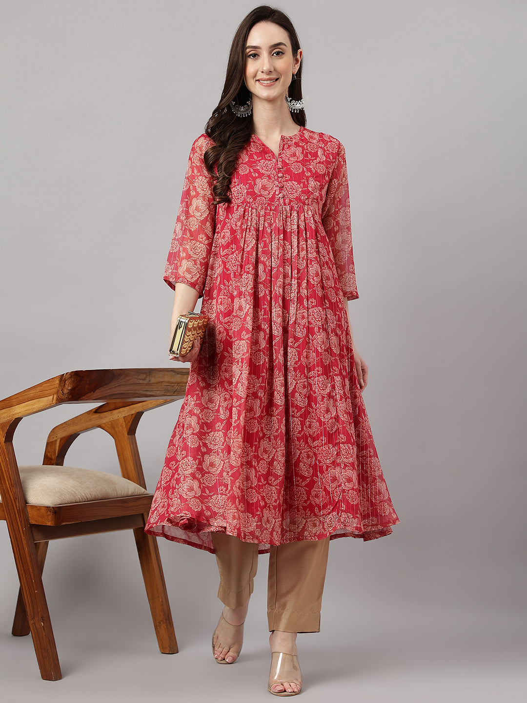 Janasya Women's Dark Pink Chiffon Lurex Floral Printed Casual flared Kurta - Distacart