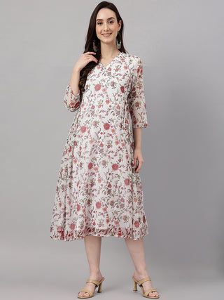 Janasya Women's White Chiffon Lurex Floral Printed Flared Casual Dress - Distacart