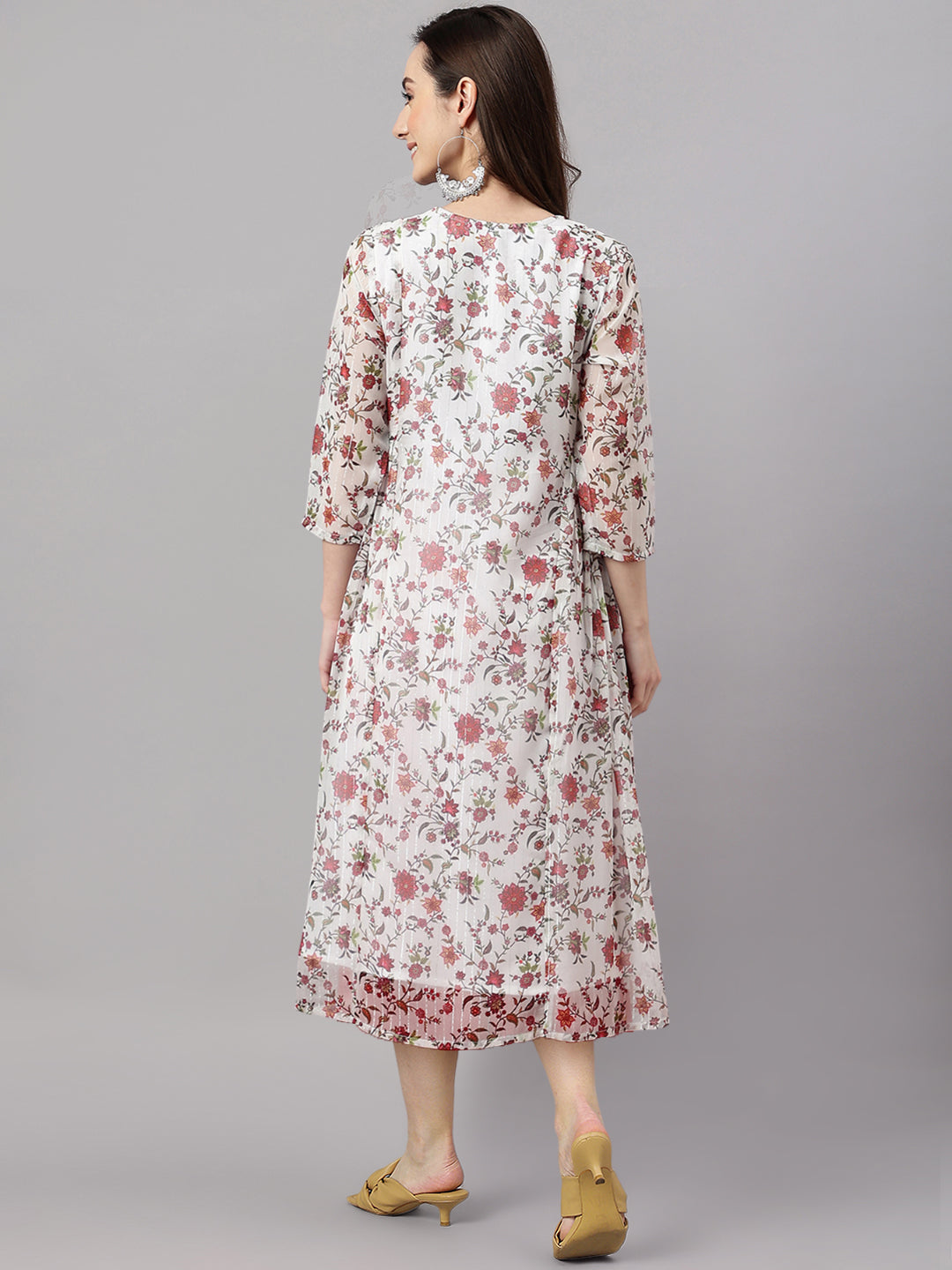Janasya Women's Orange Chiffon Lurex Floral Printed Kaftan Casual Dress - Distacart
