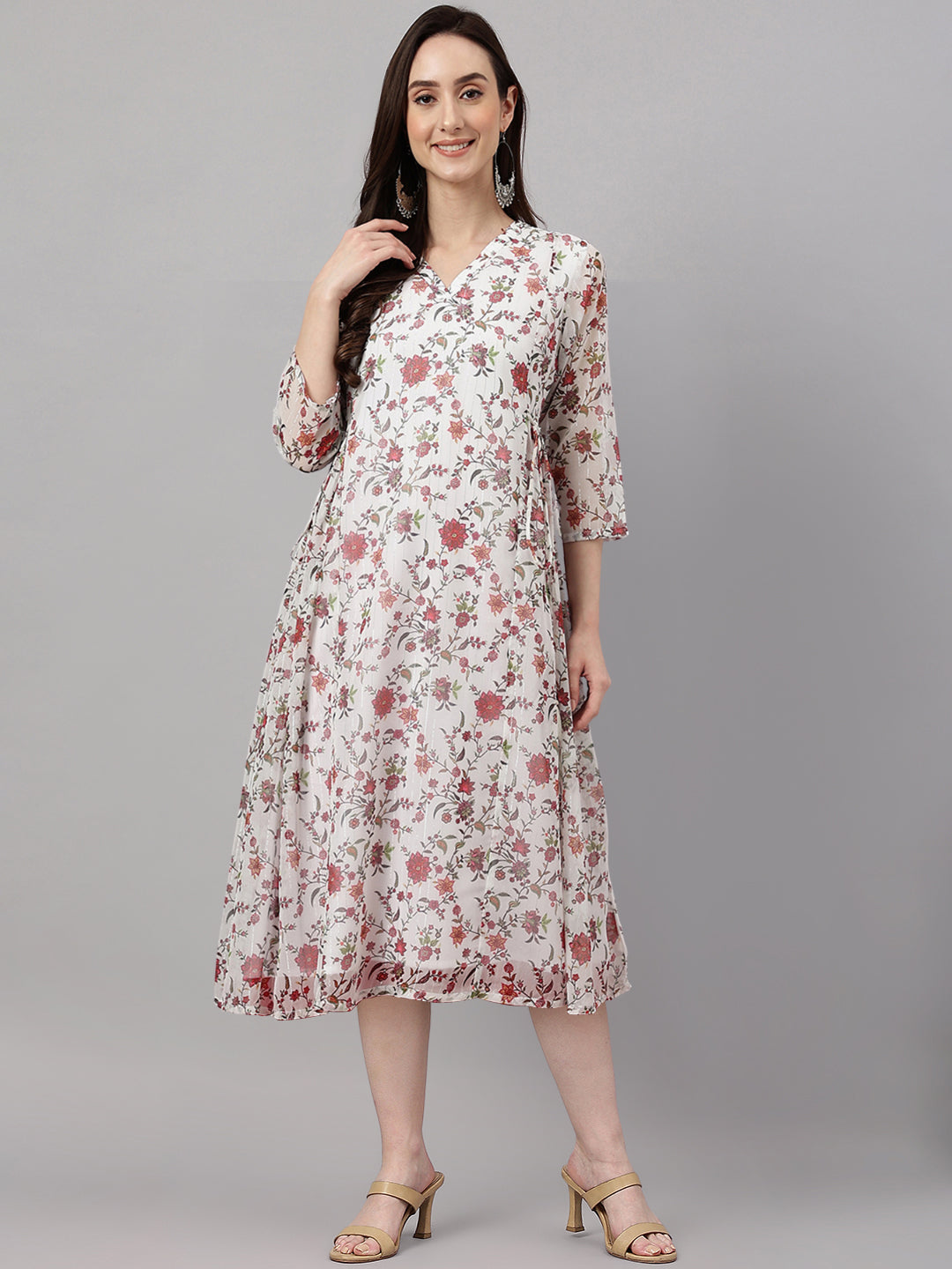 Janasya Women's Orange Chiffon Lurex Floral Printed Kaftan Casual Dress - Distacart