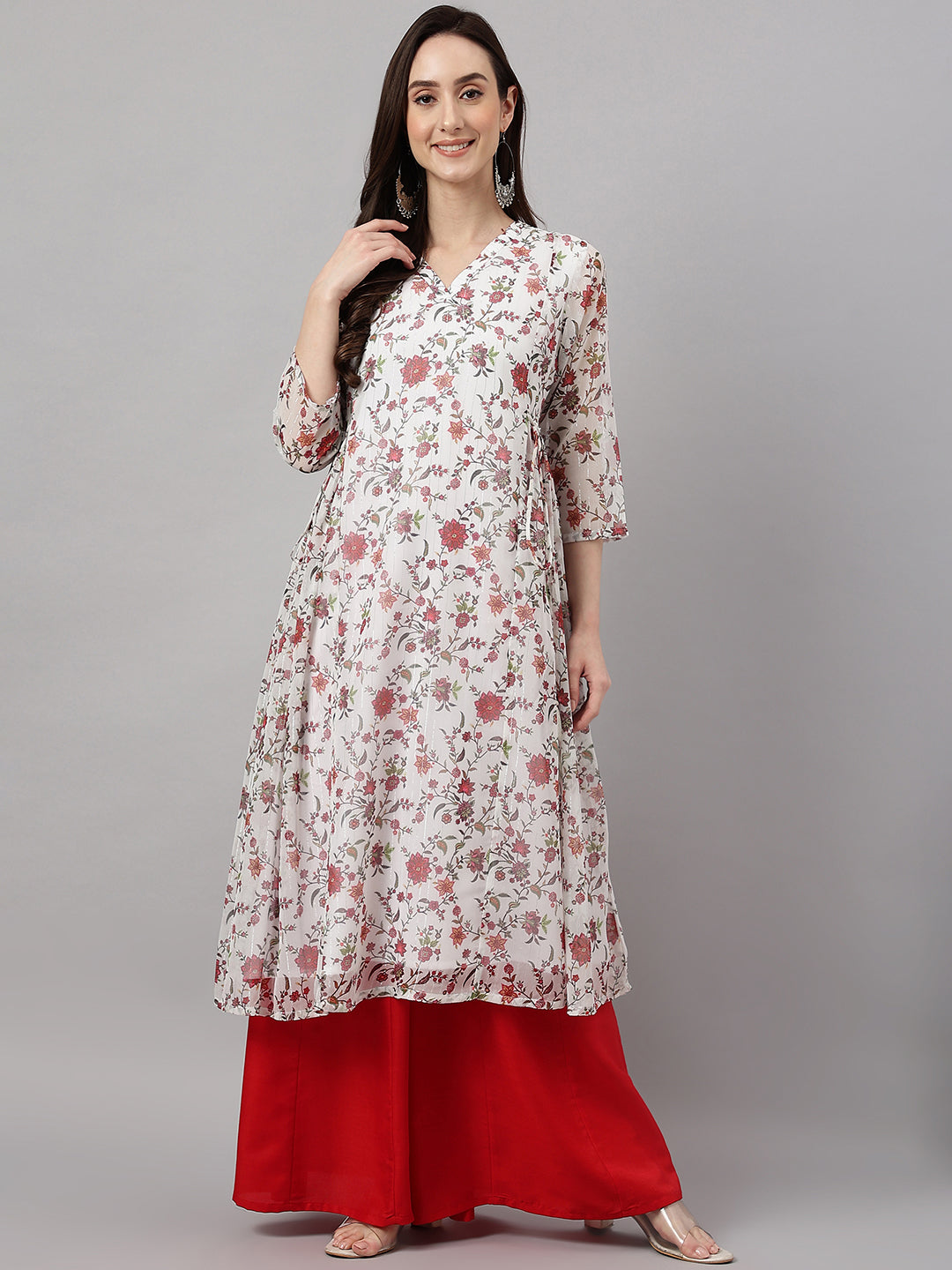 Janasya Women's White Chiffon Lurex Floral Printed Casual flared Kurta - Distacart