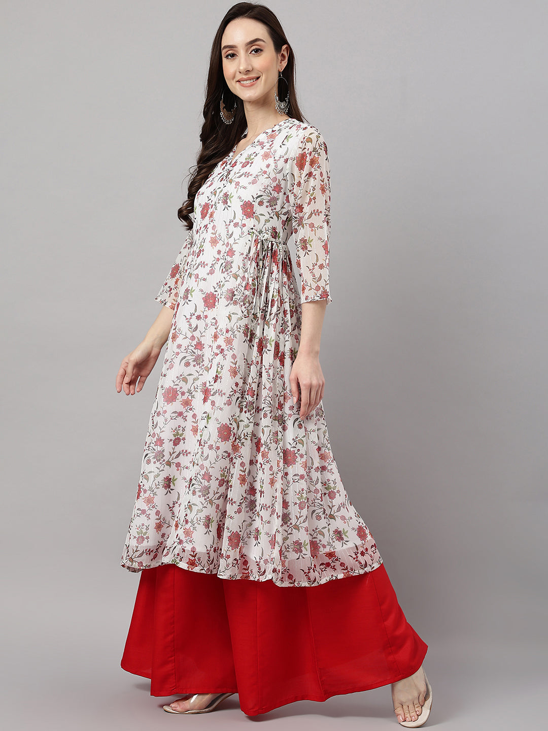 Janasya Women's White Chiffon Lurex Floral Printed Casual flared Kurta - Distacart