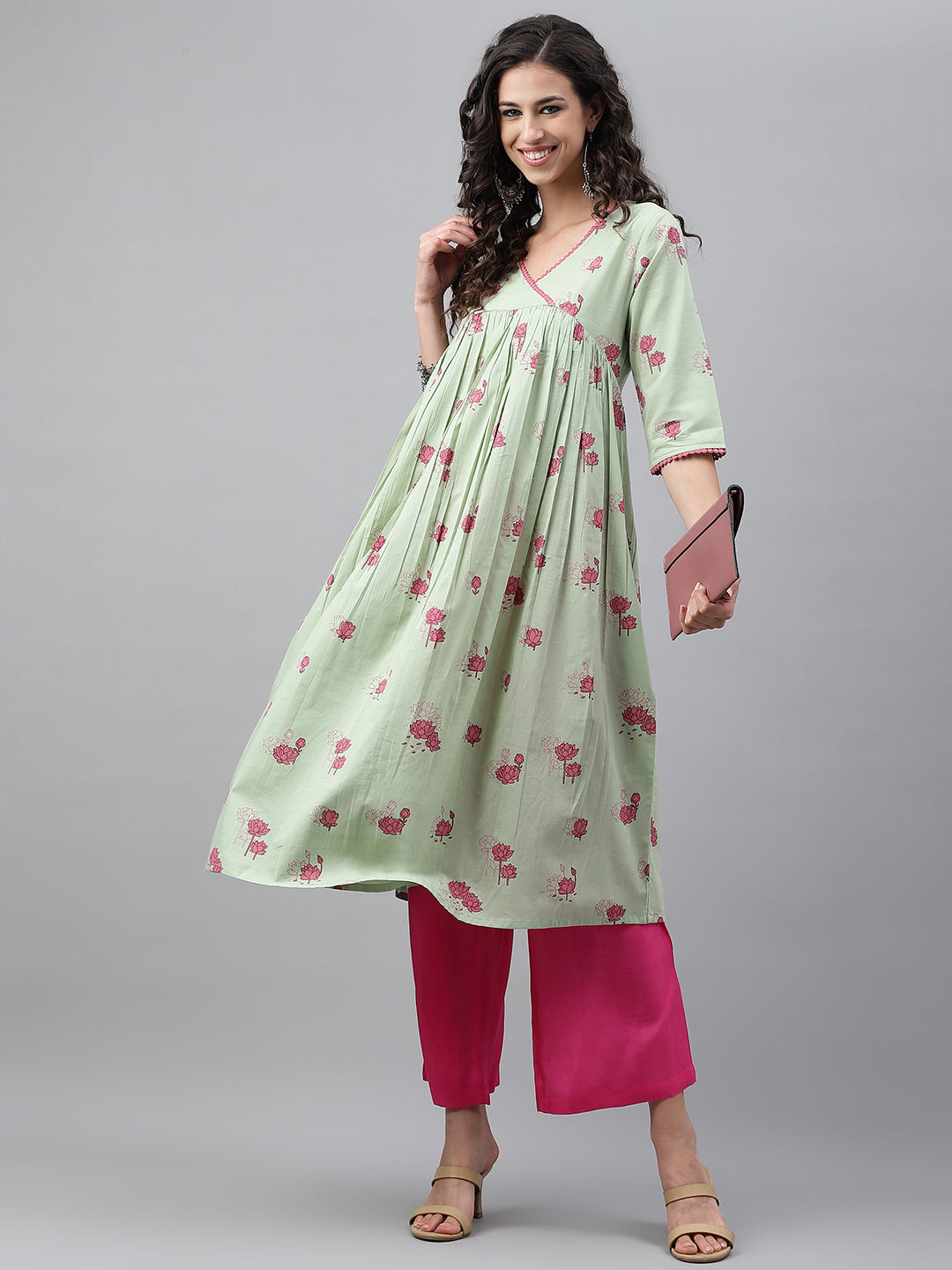 Janasya Women's Light Green Cotton Floral Printed Casual Flared Kurta - Distacart