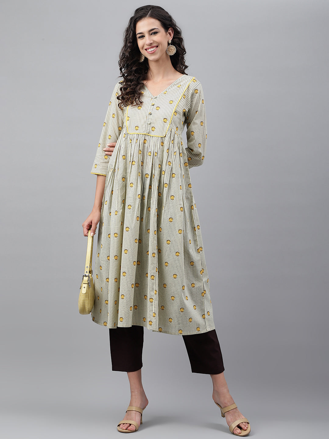 Janasya Women's Light Yellow Cotton Floral Printed Party Flared Kurta - Distacart